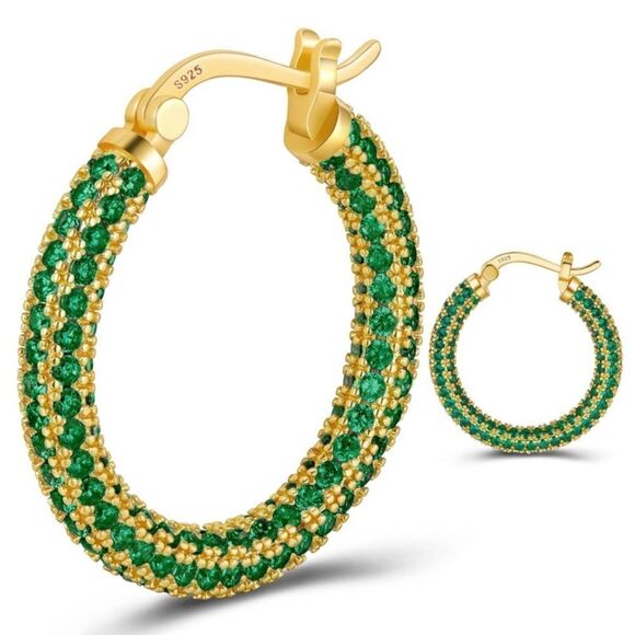 14K Yellow Gold Sterling Silver with Emerald Green Cubic Zirconia Hoop Earrings - Picture 1 of 7